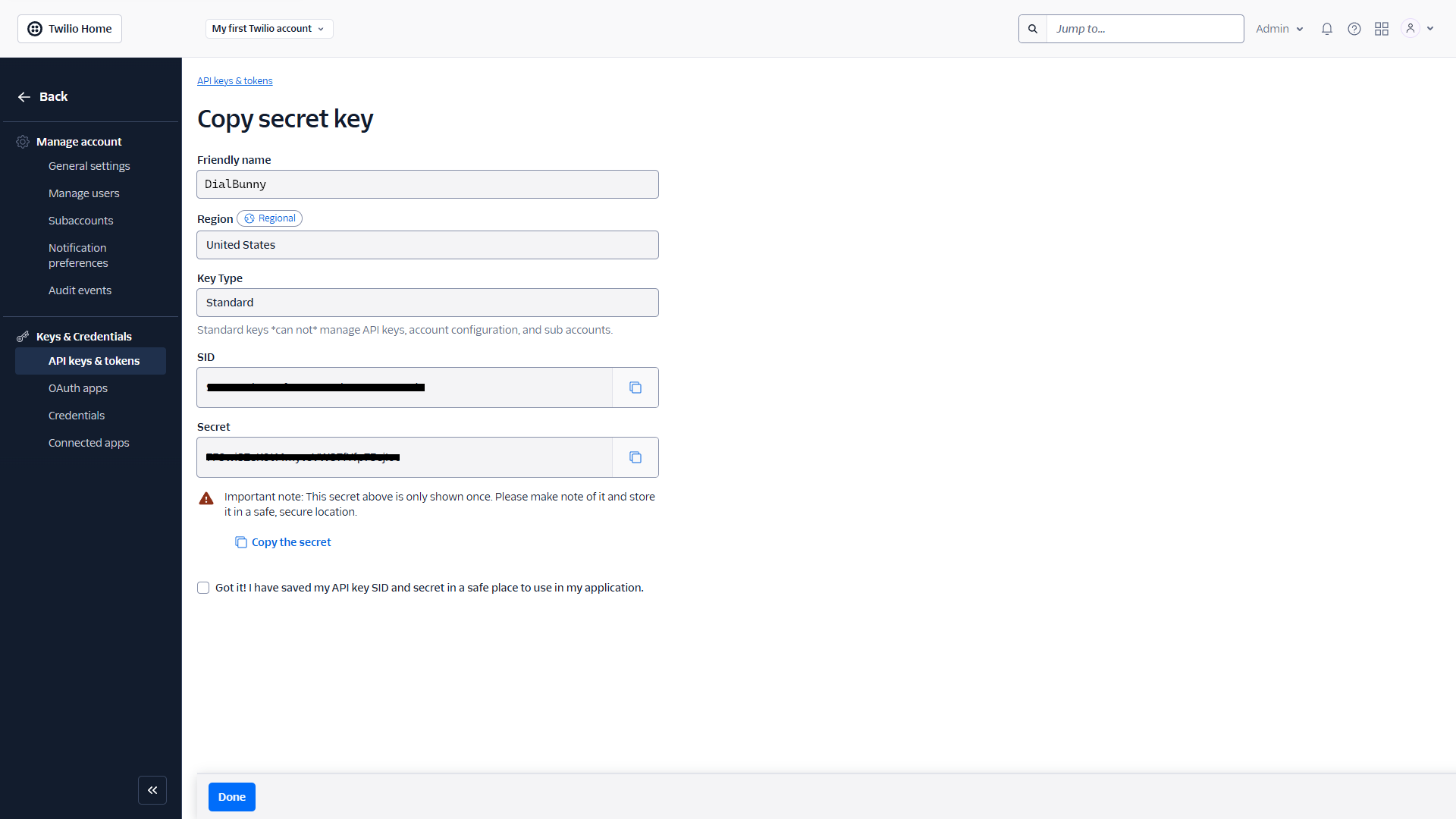 Twilio get API keys for Copuloo