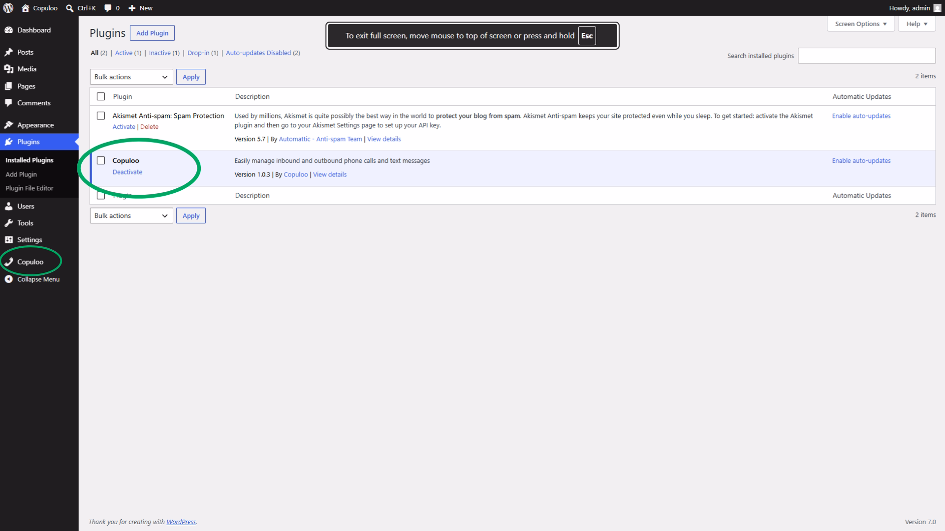 Copuloo activate plugin