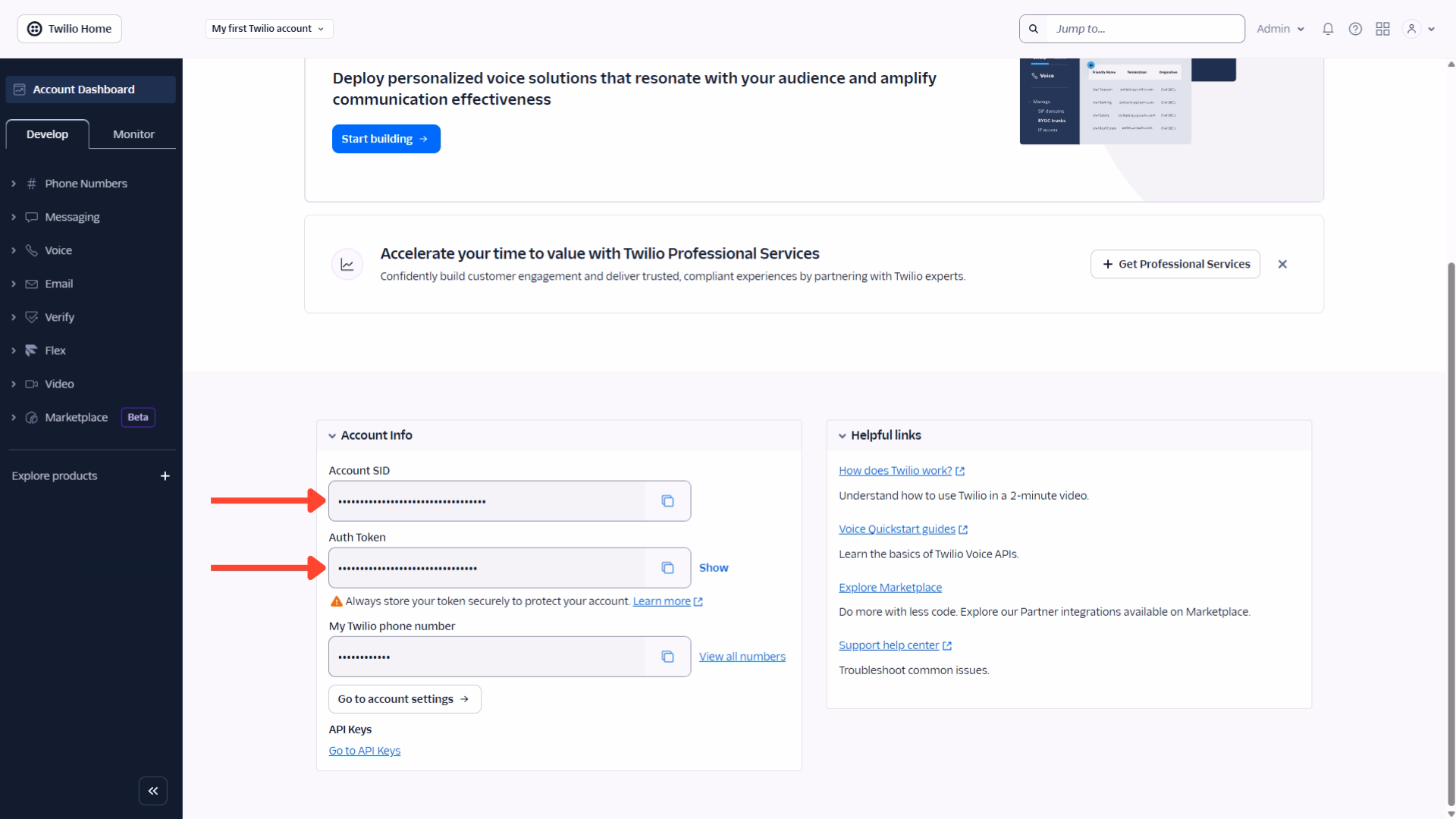 getting the main API keys from twilio for Copuloo