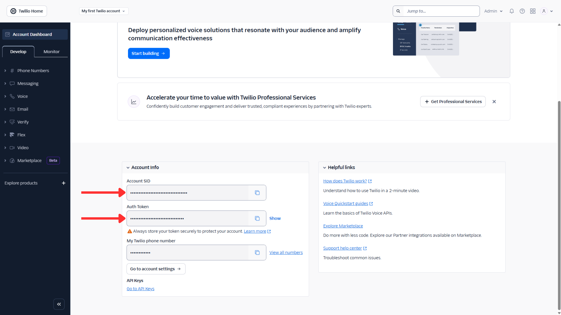 getting the main API keys from twilio for Copuloo